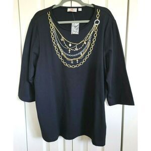 Quacker Factory 1X Embroidered/Beaded 3/4‎ Sleeve T-Shirt Top Black NWOT